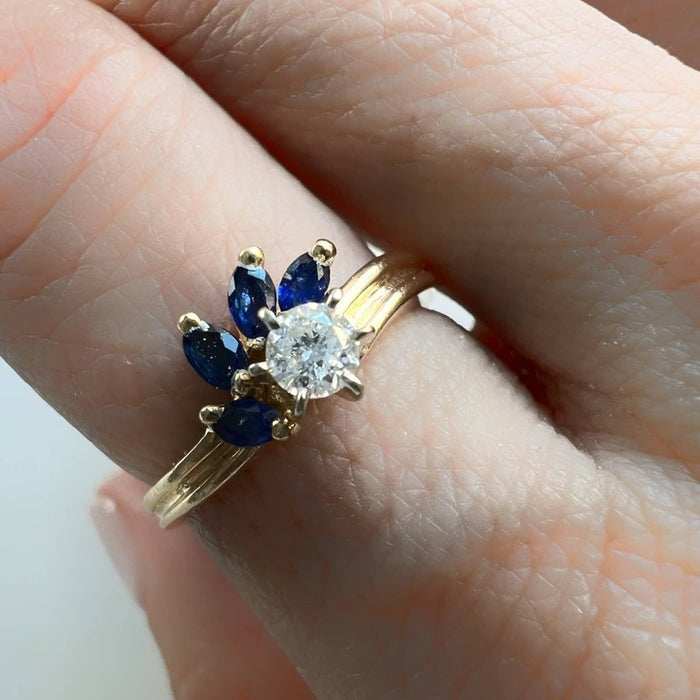 14K Yellow Gold Diamond and Blue Sapphire Vintage Ring