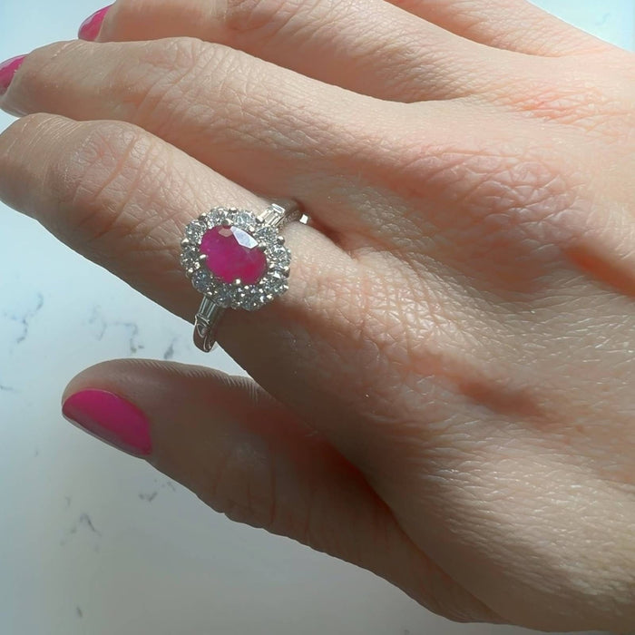 Natural Oval Ruby Halo Engagement Ring in 14K White Gold