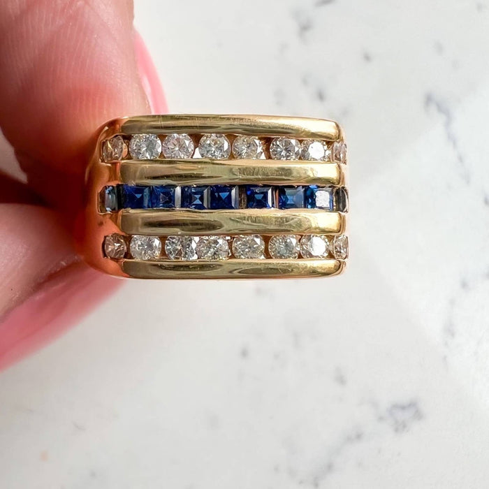 14K Yellow Unisex Princess Square Cut Blue Sapphire and Diamond Ring