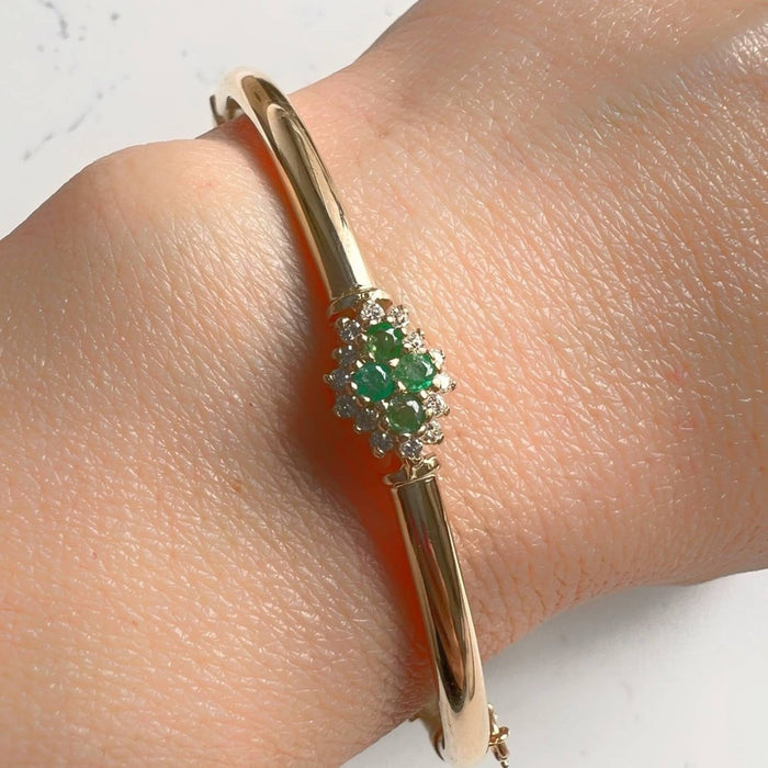 14K Yellow Gold Emerald and Diamond Vintage Bangle