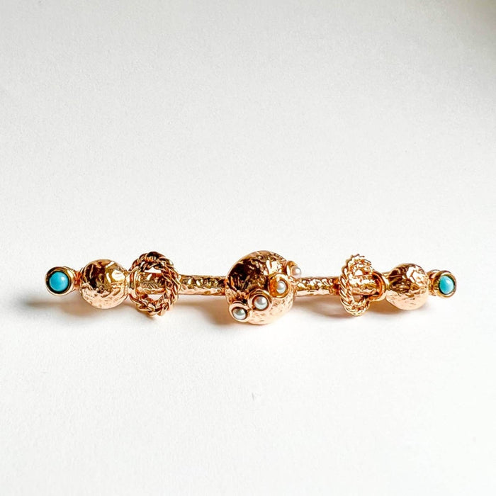 Antique Victorian Pearl and Turquoise Pin in 14K Yellow Gold