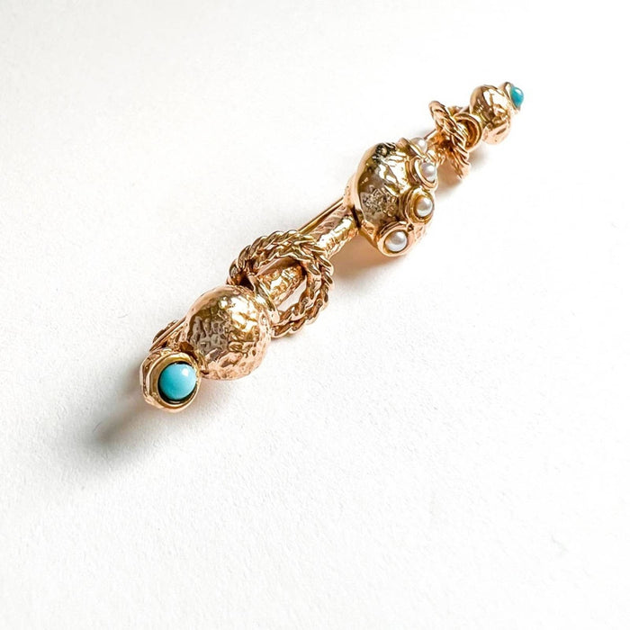 Antique Victorian Pearl and Turquoise Pin in 14K Yellow Gold