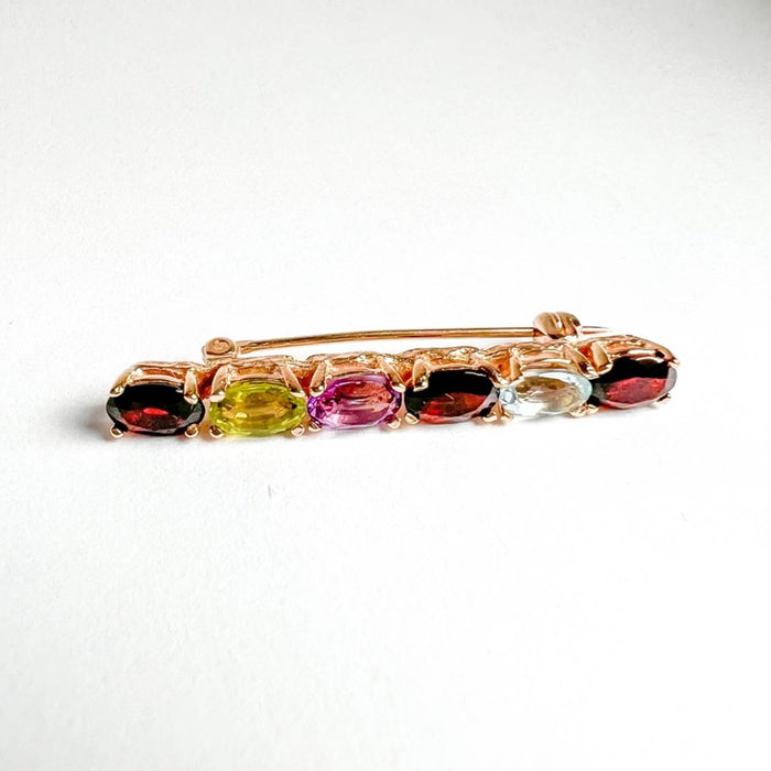 14K Yellow Gold Multi Gemstone Bar Vintage Brooch Pin