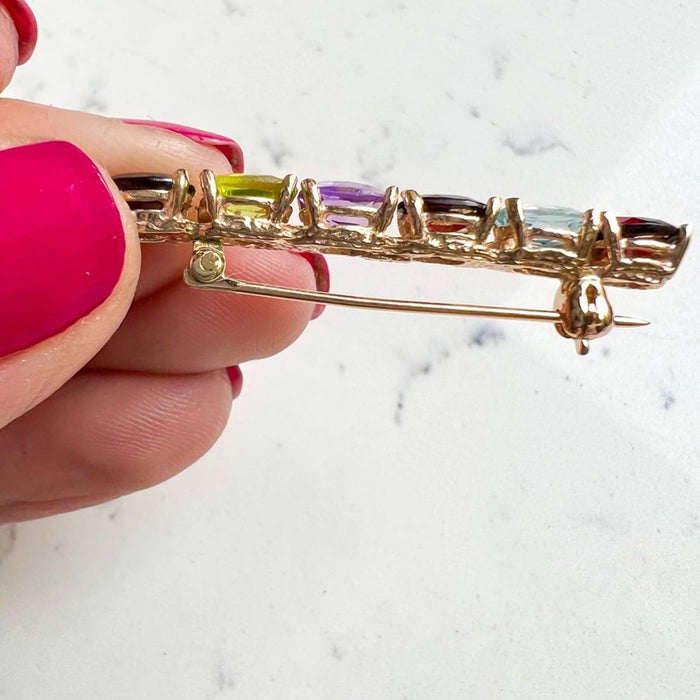 14K Yellow Gold Multi Gemstone Bar Vintage Brooch Pin