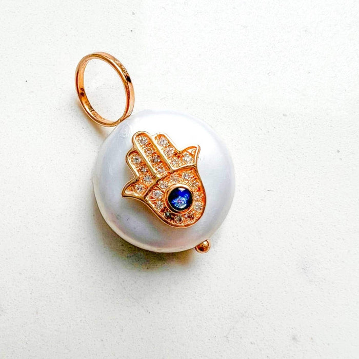 Pearl Charm Pendant with Diamond Hamsa in 14K Yellow Gold