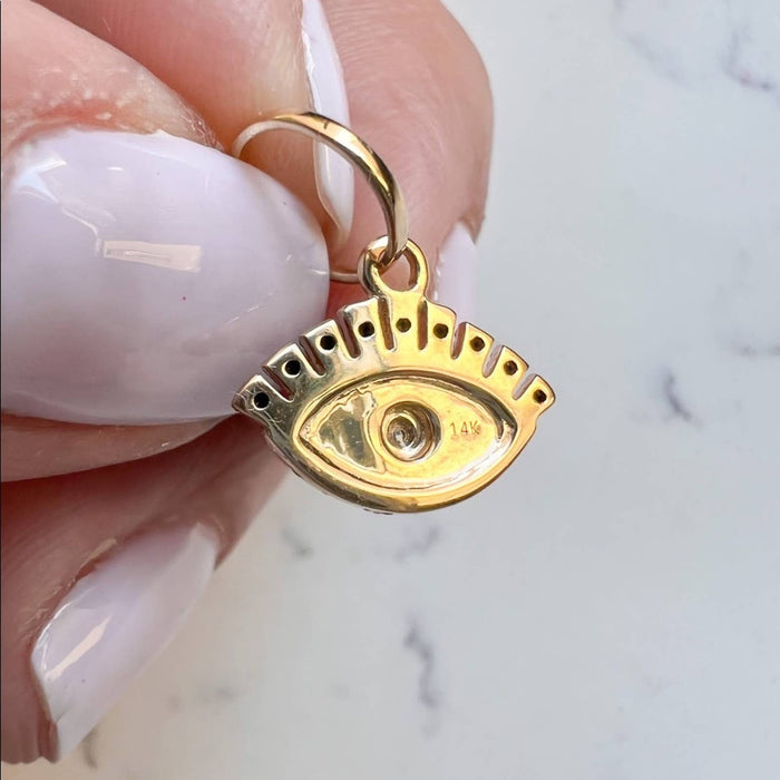 14K Yellow Gold Black Diamond Eyelash Evil Eye Charm