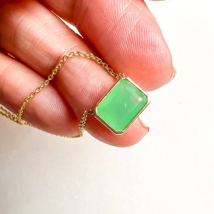 14K Yellow Gold Chrysoprase Emerald Cut Necklace