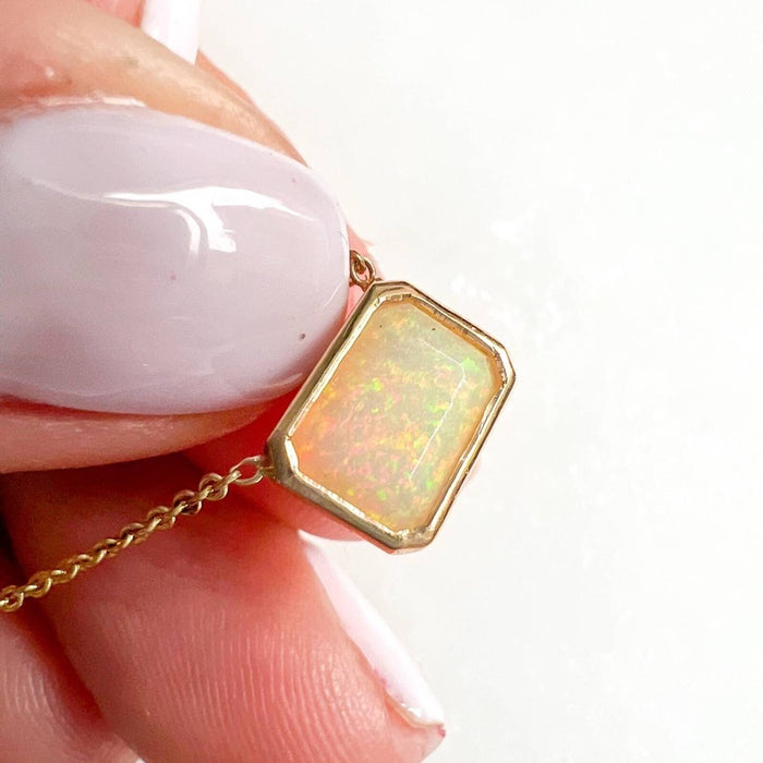 14K Yellow Gold East West Opal Necklace October Birthstone