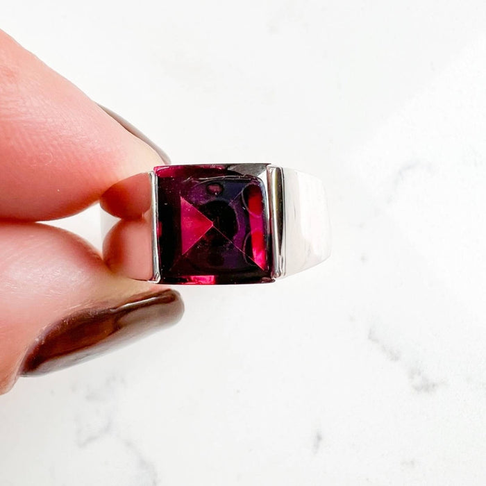 Princess Cut Pink Tourmaline Tank Ring in 18K Yellow Gold