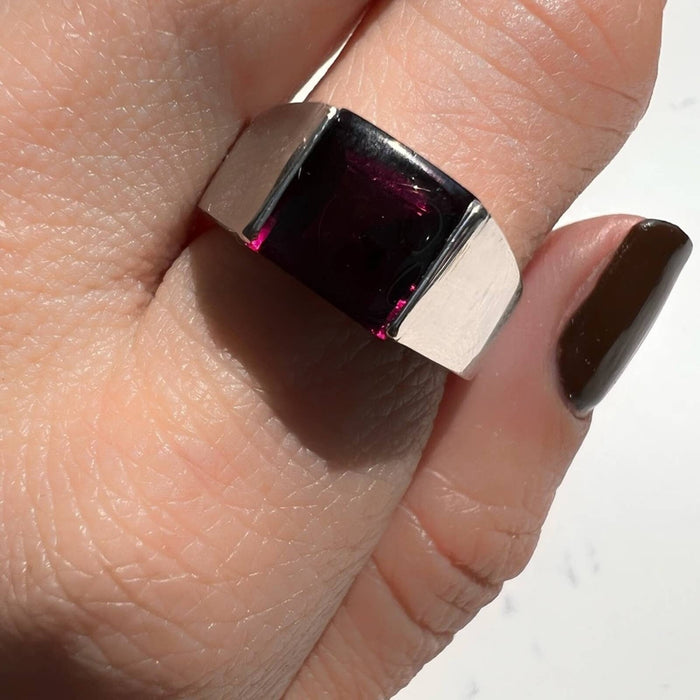 Princess Cut Pink Tourmaline Tank Ring in 18K Yellow Gold