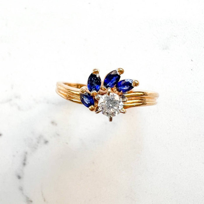 14K Yellow Gold Diamond and Blue Sapphire Vintage Ring