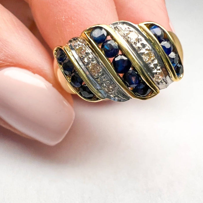 14K Yellow Gold Blue Sapphire and Diamond Vintage Ring