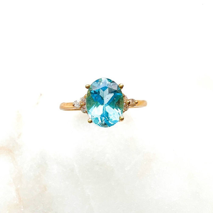 Swiss Blue Topaz and Diamond Ring in 14K Yellow Gold