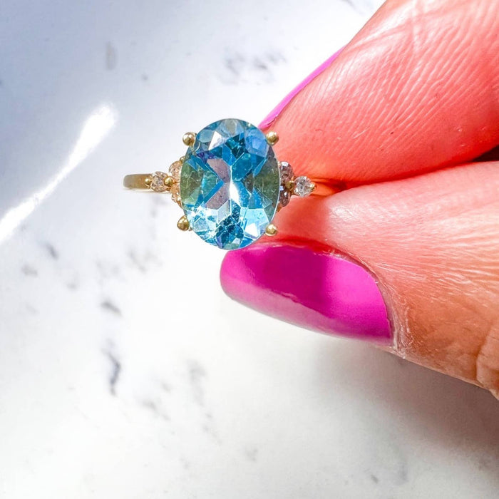 Swiss Blue Topaz and Diamond Ring in 14K Yellow Gold