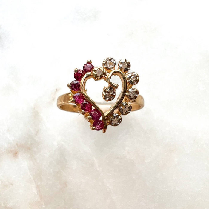 14K Yellow Gold Ruby and Diamond Open Heart Vintage Ring