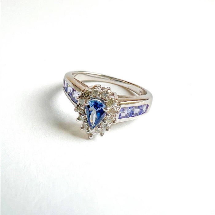 14K White Gold Pear Shape Tanzanite and Diamond Cluster Vintage Ring