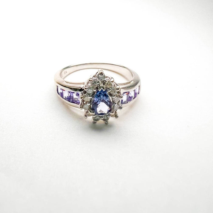 14K White Gold Pear Shape Tanzanite and Diamond Cluster Vintage Ring