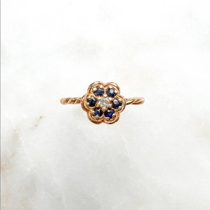 14K Yellow Gold Sapphire and Diamond Cluster Ring