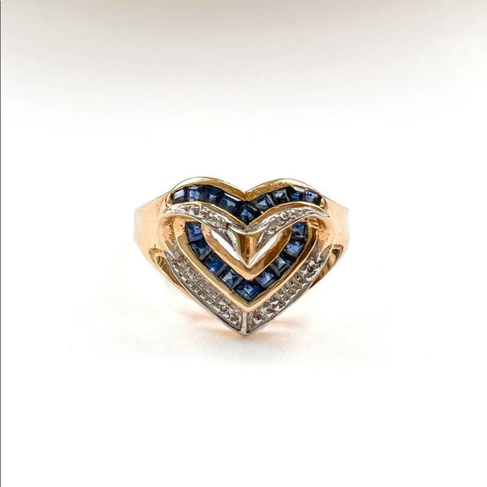 14k Yellow Gold Vintage Heart Shaped Sapphire and Diamond Ring