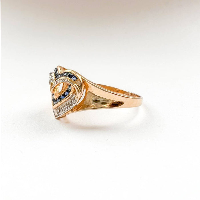 14k Yellow Gold Vintage Heart Shaped Sapphire and Diamond Ring