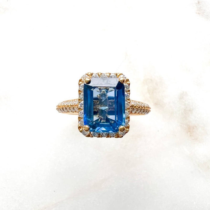 Emerald-Cut Blue Sapphire Engagement Ring  Diamond Halo Ring in 14k Yellow Gold