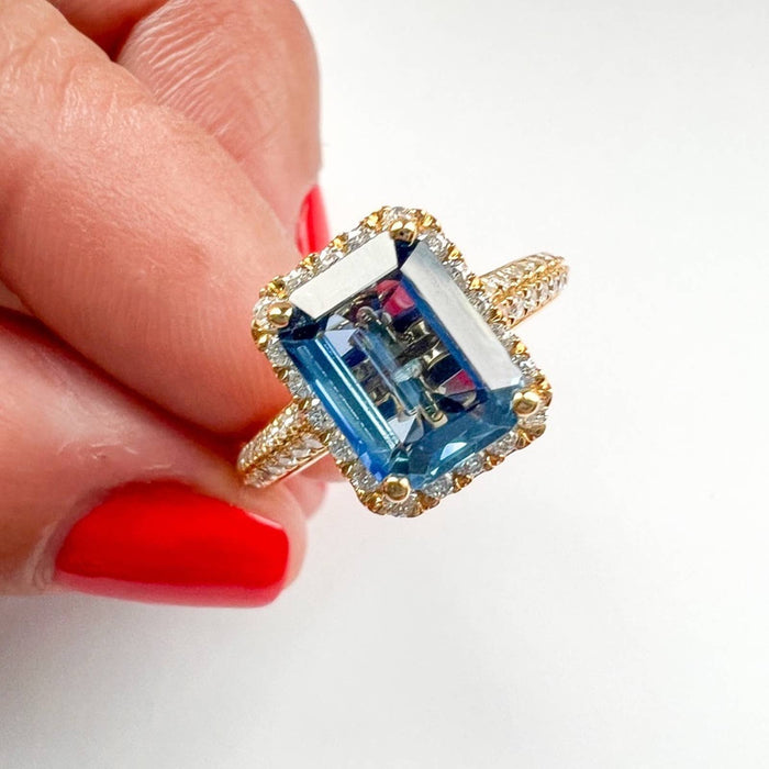 Emerald-Cut Blue Sapphire Engagement Ring  Diamond Halo Ring in 14k Yellow Gold