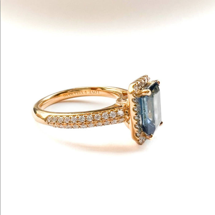 Emerald-Cut Blue Sapphire Engagement Ring  Diamond Halo Ring in 14k Yellow Gold