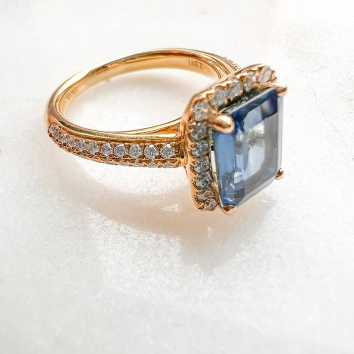 Emerald-Cut Blue Sapphire Engagement Ring  Diamond Halo Ring in 14k Yellow Gold