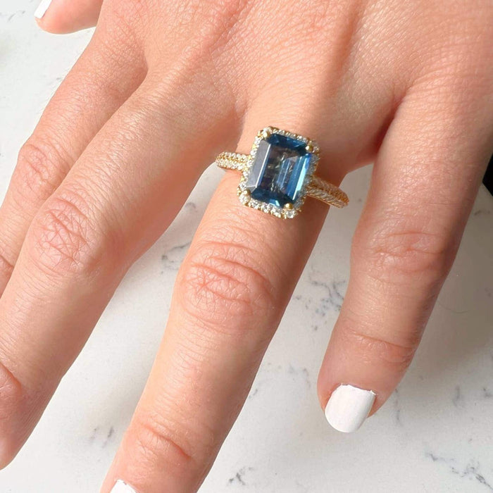 Emerald-Cut Blue Sapphire Engagement Ring  Diamond Halo Ring in 14k Yellow Gold