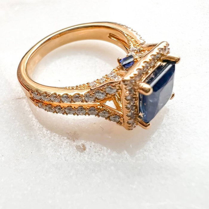 Princess Cut Blue Sapphire and Diamond Halo Ring in 14K Yellow Gold