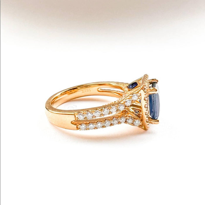 Princess Cut Blue Sapphire and Diamond Halo Ring in 14K Yellow Gold