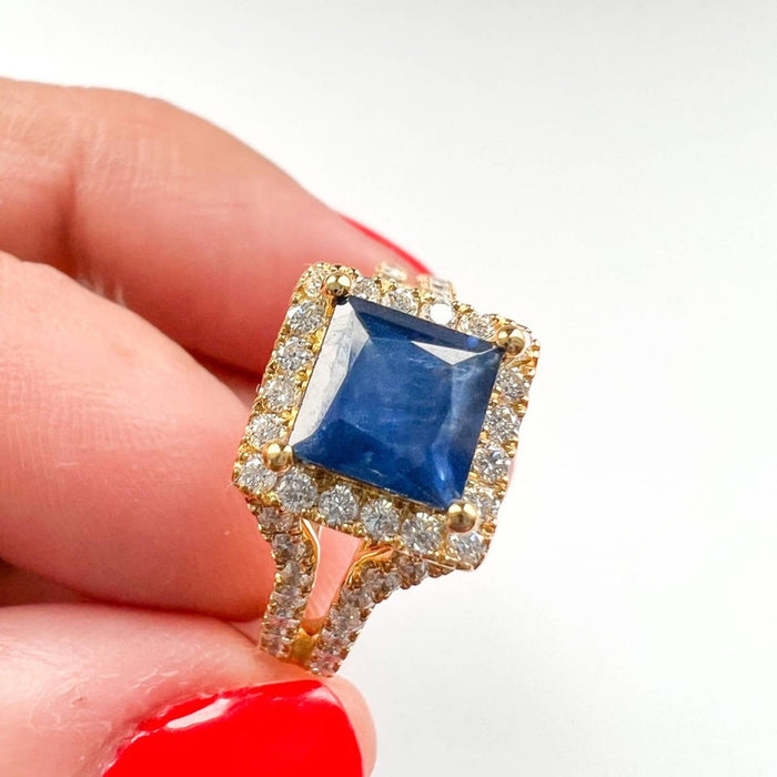 Princess Cut Blue Sapphire and Diamond Halo Ring in 14K Yellow Gold