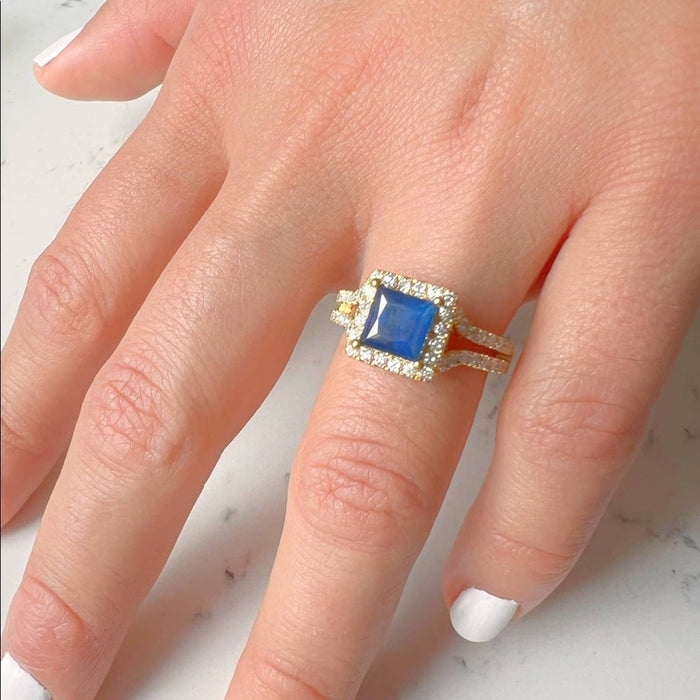 Princess Cut Blue Sapphire and Diamond Halo Ring in 14K Yellow Gold