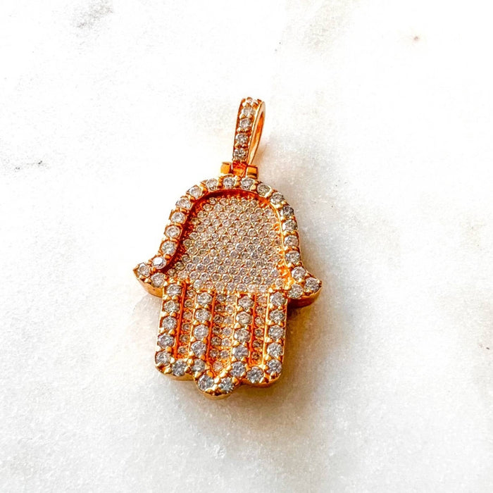 Diamond Hamsa Hand Pendant in 14K Yellow Gold