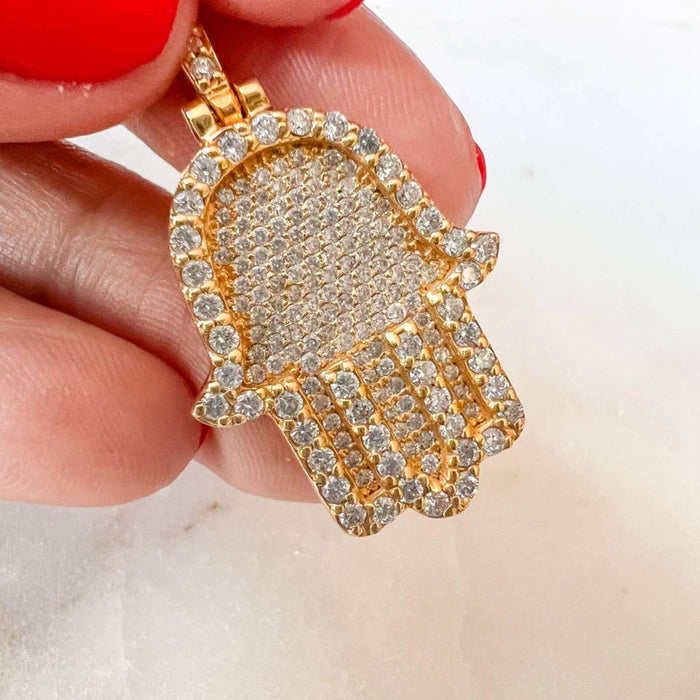 Diamond Hamsa Hand Pendant in 14K Yellow Gold