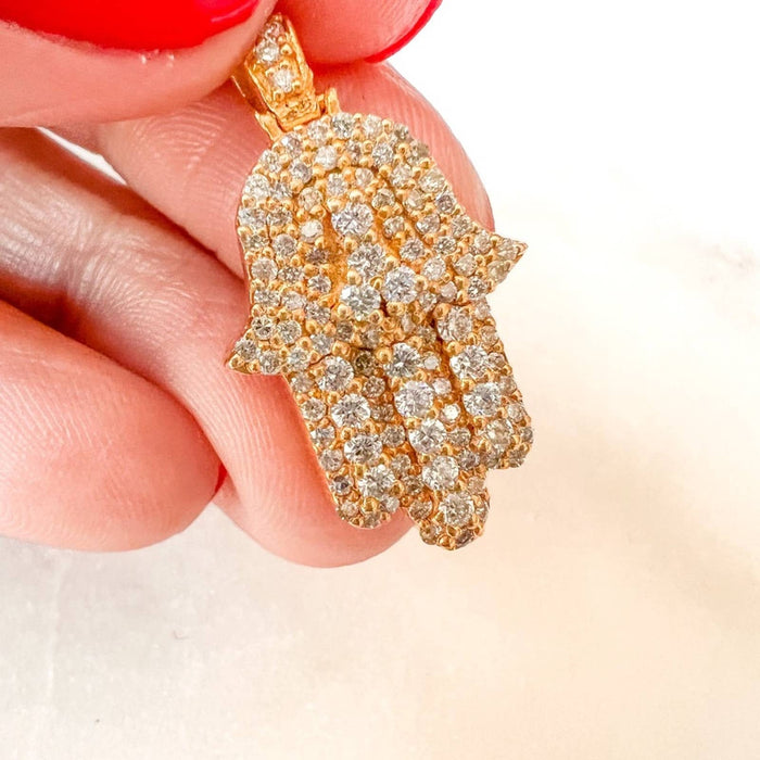 Diamond Hamsa Hand Pendant in 14K Yellow Gold