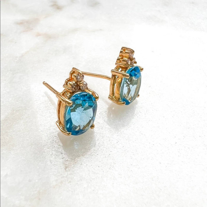 14K Yellow Gold Swiss Topaz and Diamond Stud Earrings