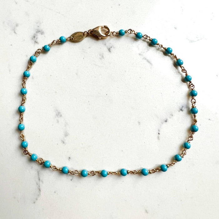 14K Yellow Gold Bead Bracelet * Bead Station Bracelet * 14k Real Gold Small Turquoise Balls Station Bracelet