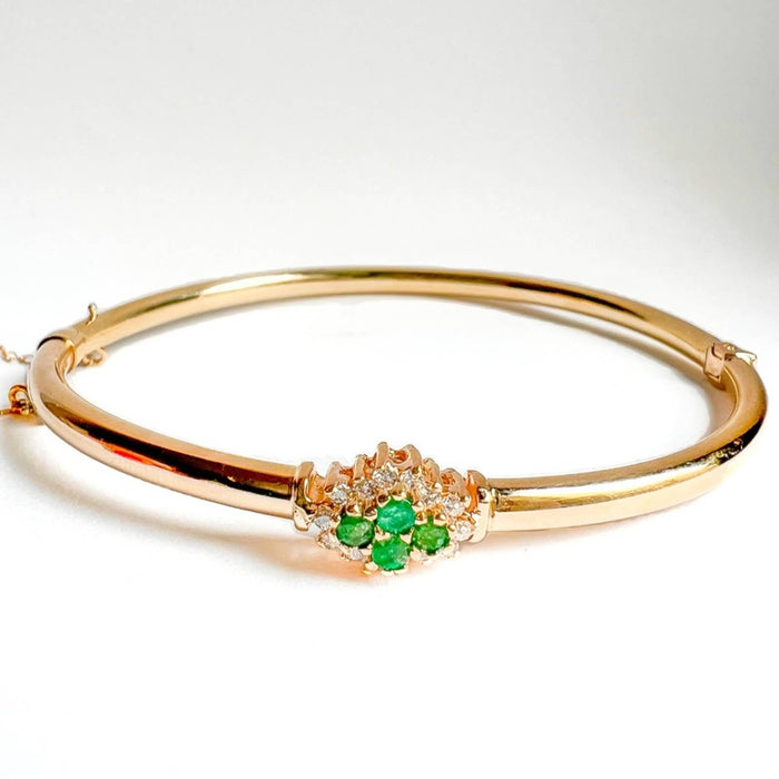 14K Yellow Gold Emerald and Diamond Vintage Bangle