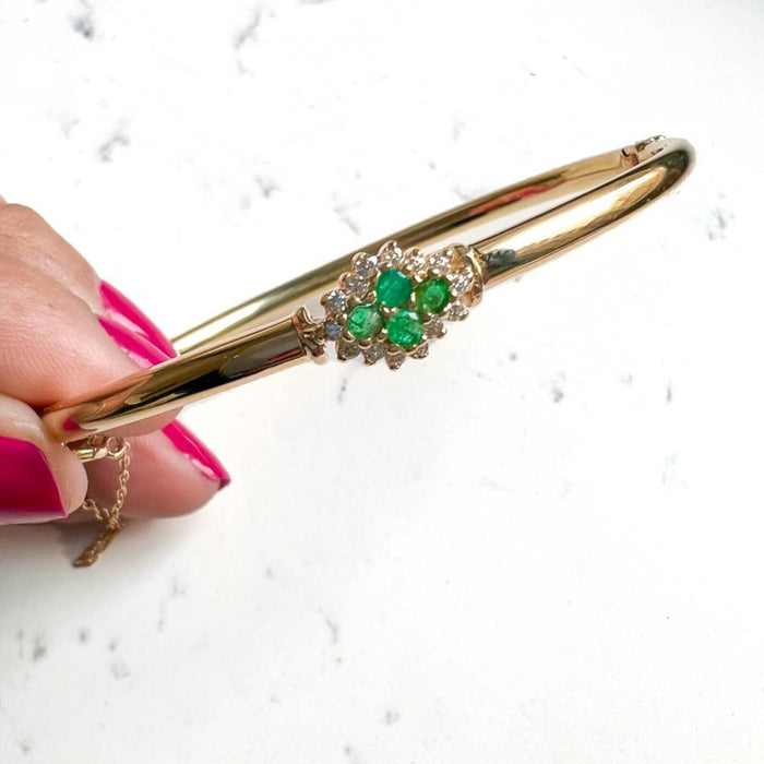 14K Yellow Gold Emerald and Diamond Vintage Bangle