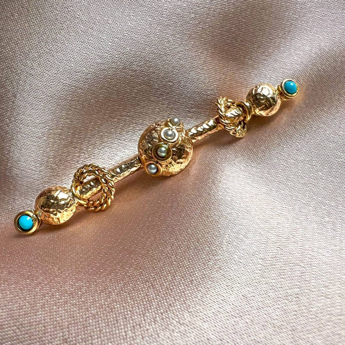 Antique Victorian Pearl and Turquoise Pin in 14K Yellow Gold