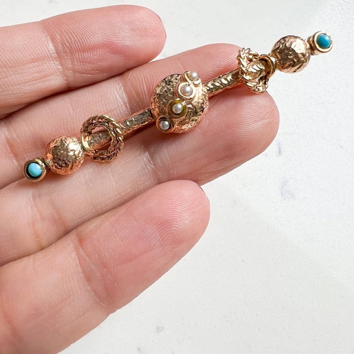 Antique Victorian Pearl and Turquoise Pin in 14K Yellow Gold