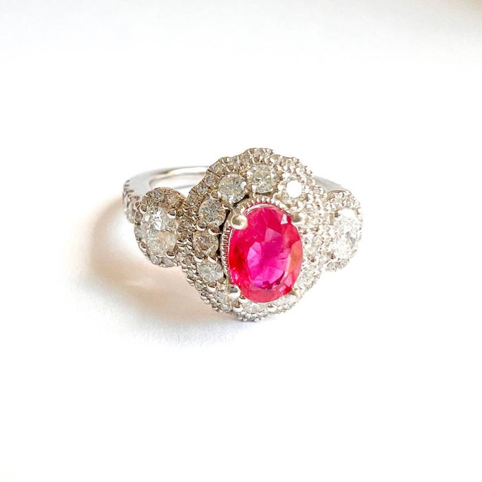 Ruby and Diamond Halo Engagement Ring in 14K White Gold