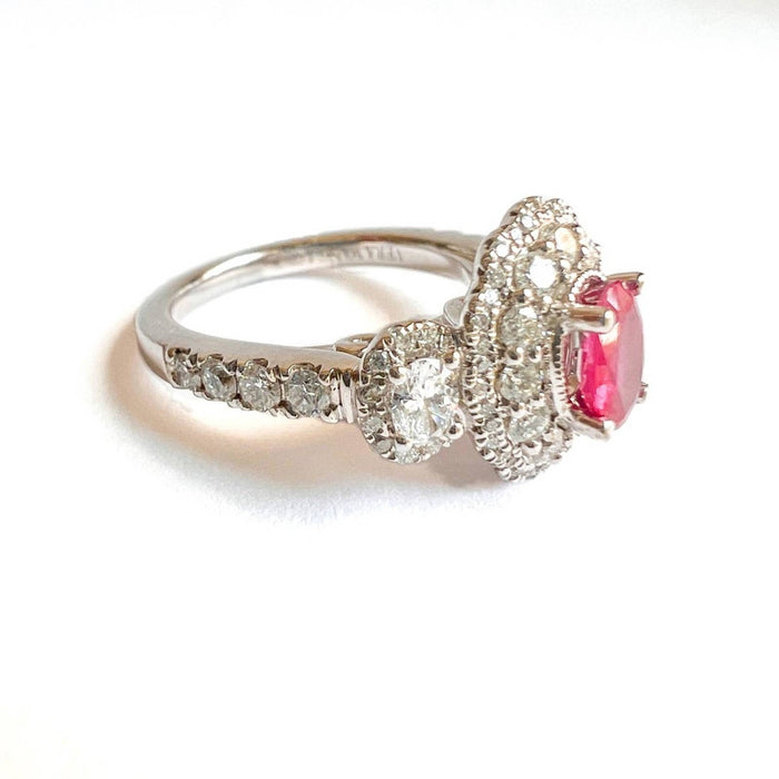 Ruby and Diamond Halo Engagement Ring in 14K White Gold