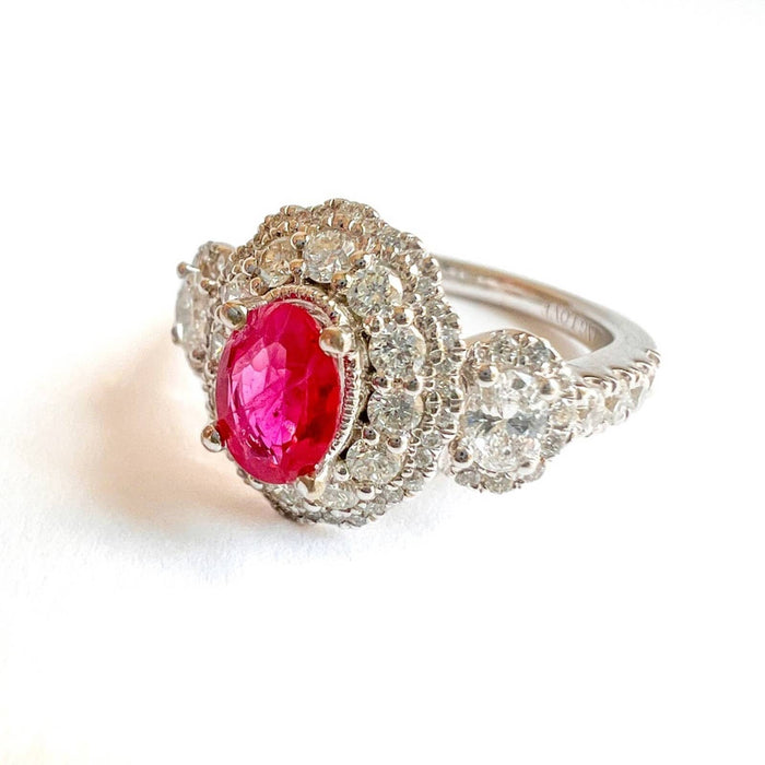 Ruby and Diamond Halo Engagement Ring in 14K White Gold