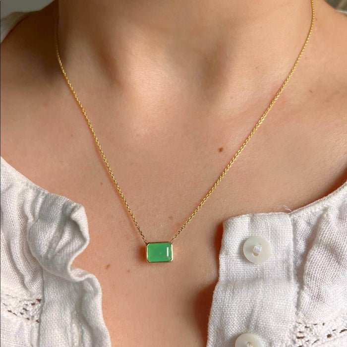 14K Yellow Gold Chrysoprase Emerald Cut Necklace