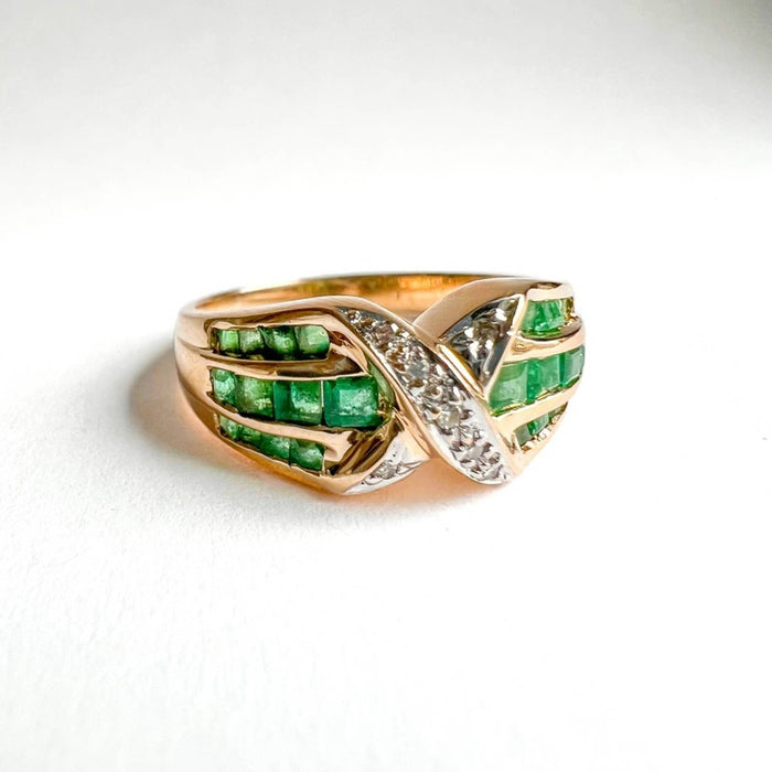  14k Yellow Gold Princess Cut Emerald and Diamond Band Ring