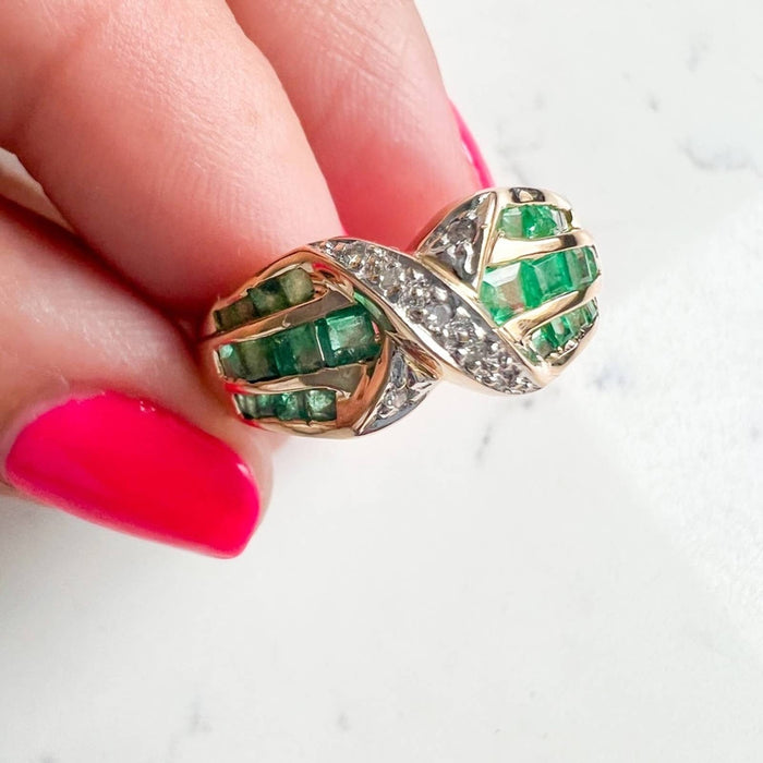 Vintage 14k Yellow Gold Princess Cut Emerald and Diamond Band Ring