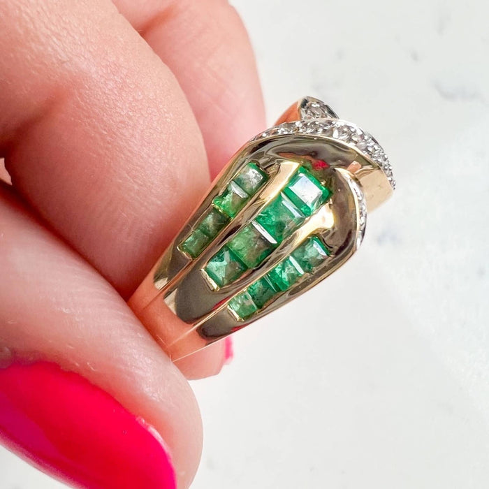 Vintage 14k Yellow Gold Princess Cut Emerald and Diamond Band Ring