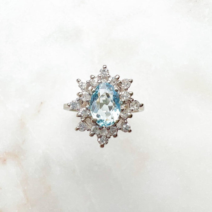 Aquamarine and Diamond Cluster Ring  10K White Gold